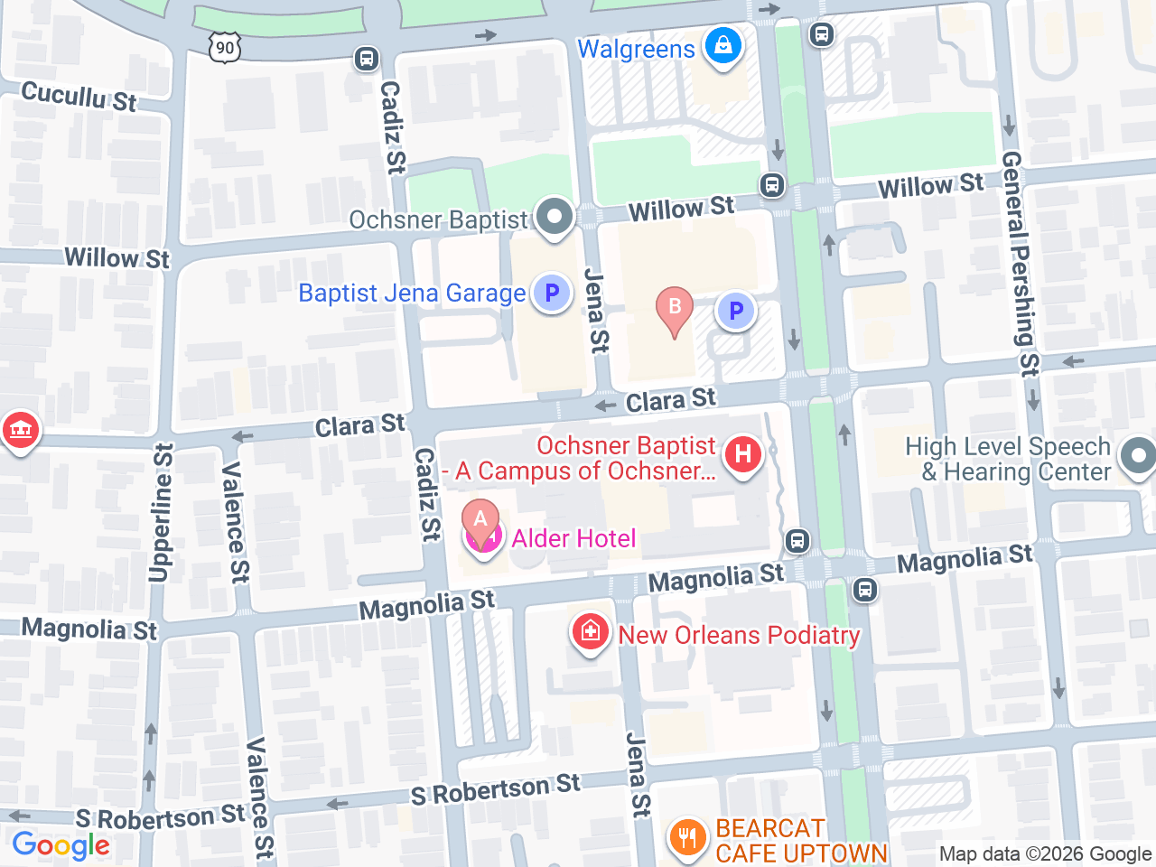 Map of Ochsner-affiliated facilities that provide services related to Gastroschisis