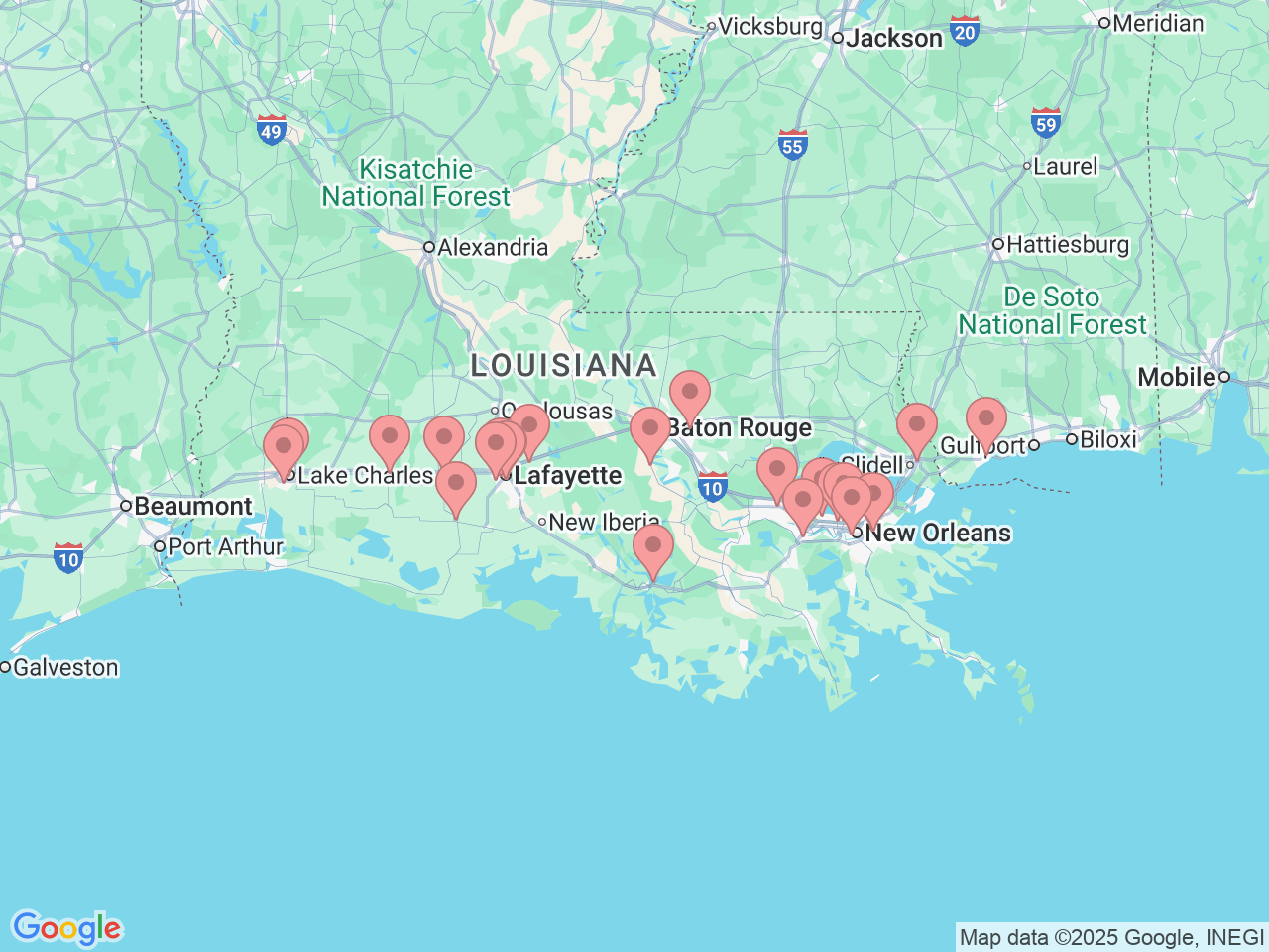 Map of Ochsner-affiliated facilities that provide services related to General Surgery