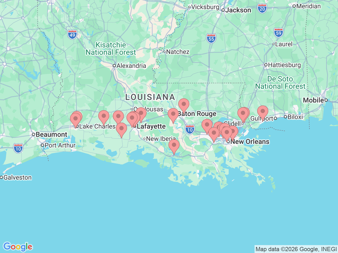 Map of Ochsner-affiliated facilities that provide services related to General Surgery