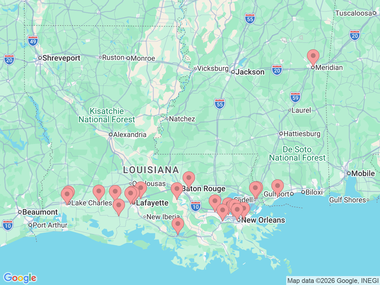 Map of Ochsner-affiliated facilities that provide services related to General Surgery