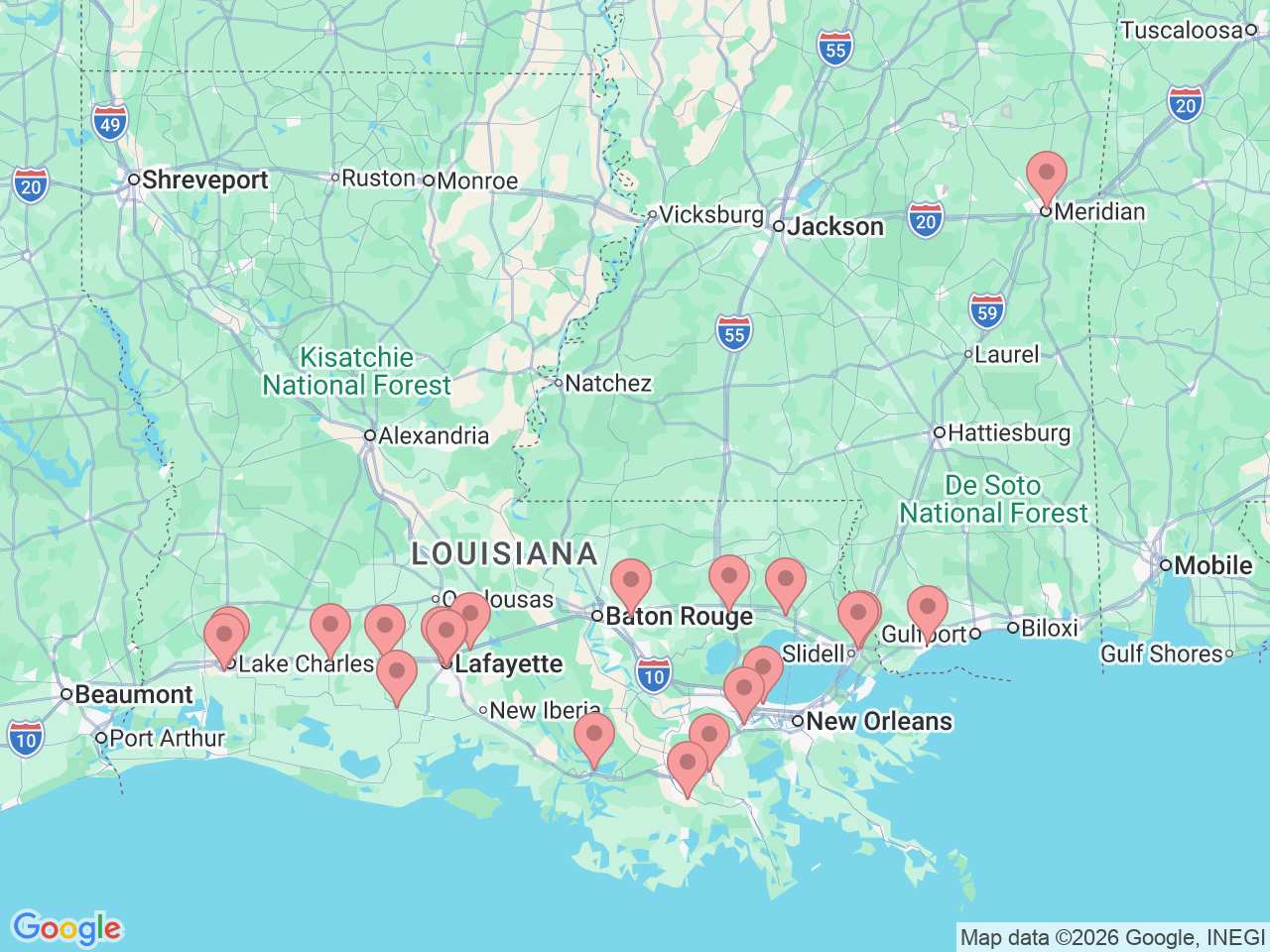 Map of Ochsner-affiliated facilities that provide services related to General Surgery