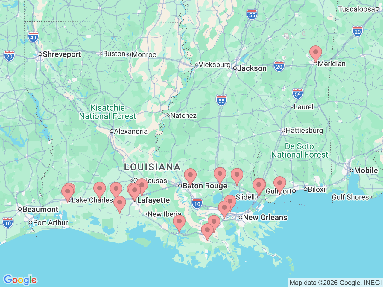 Map of Ochsner-affiliated facilities that provide services related to General Surgery
