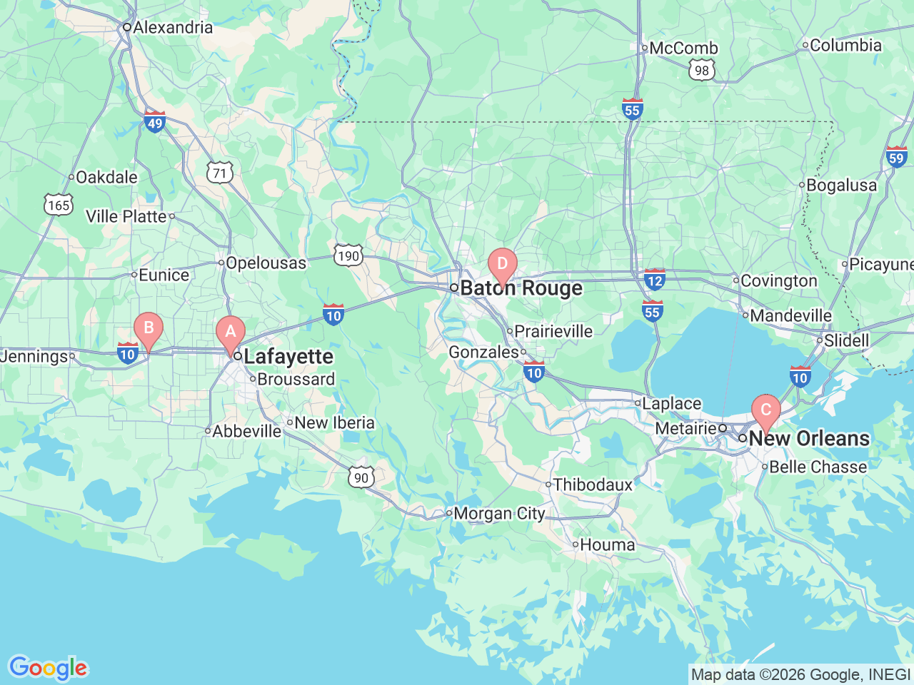 Map of Ochsner-affiliated facilities that provide services related to GERD Treatments