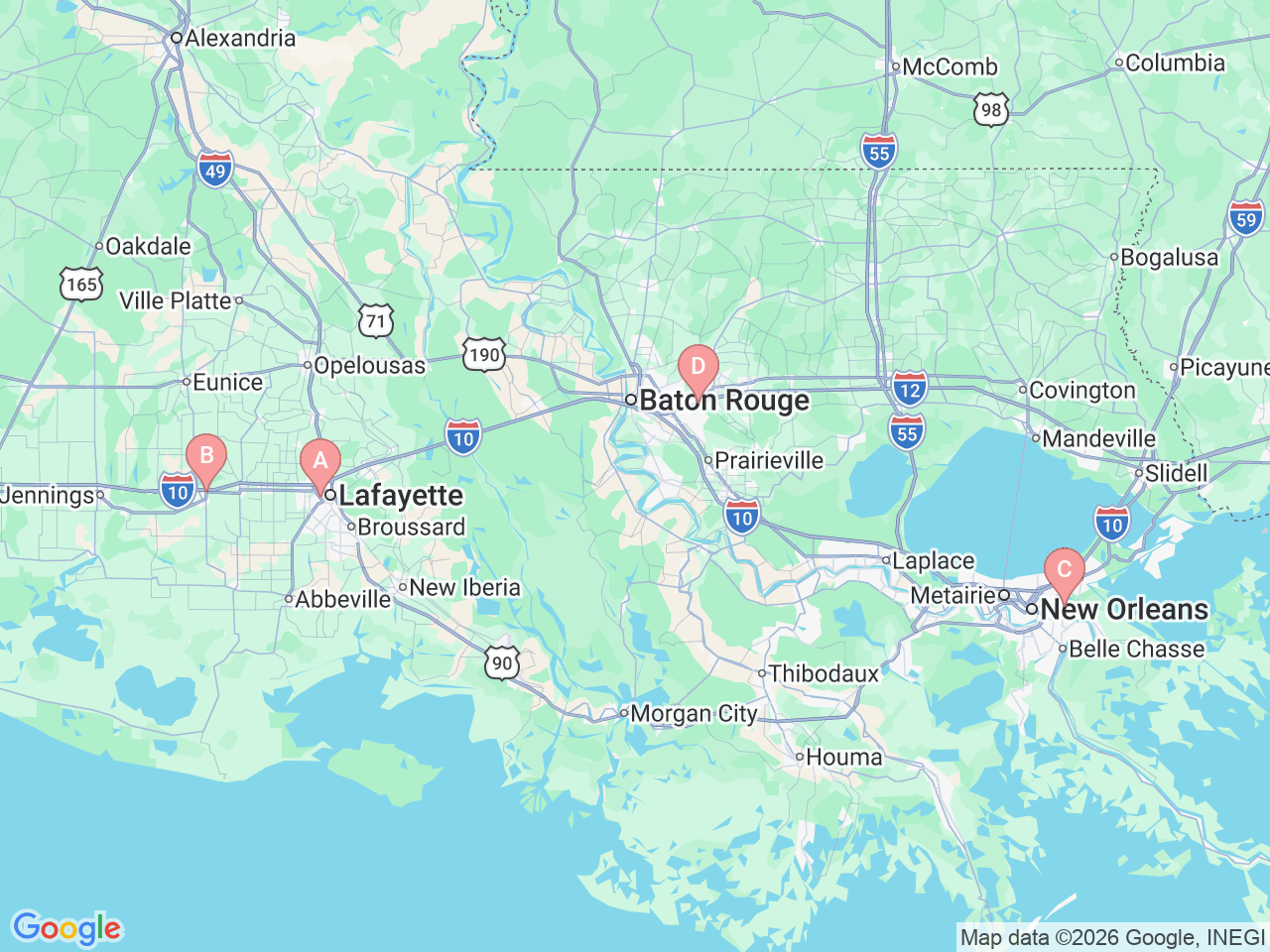 Map of Ochsner-affiliated facilities that provide services related to GERD Treatments