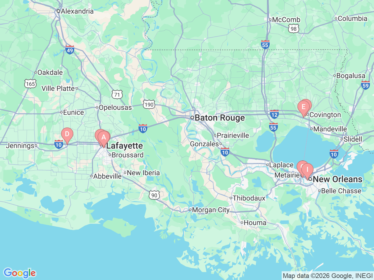 Map of Ochsner-affiliated facilities that provide services related to Gynecologic Cancer