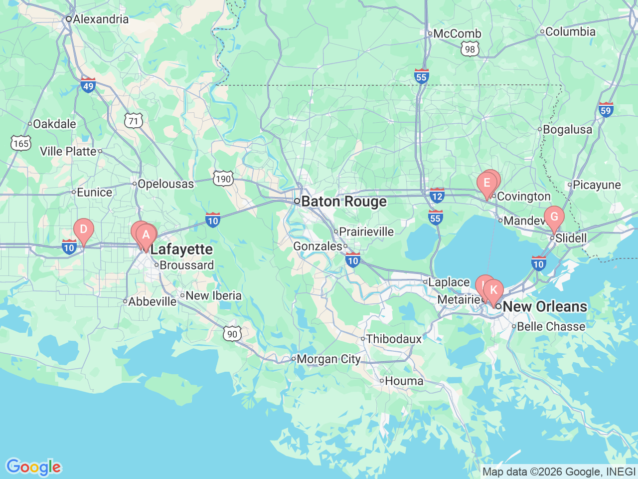 Map of Ochsner-affiliated facilities that provide services related to Gynecologic Cancer