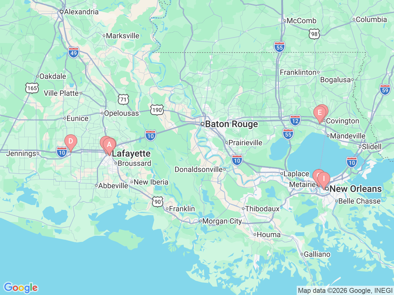 Map of Ochsner-affiliated facilities that provide services related to Gynecologic Cancer