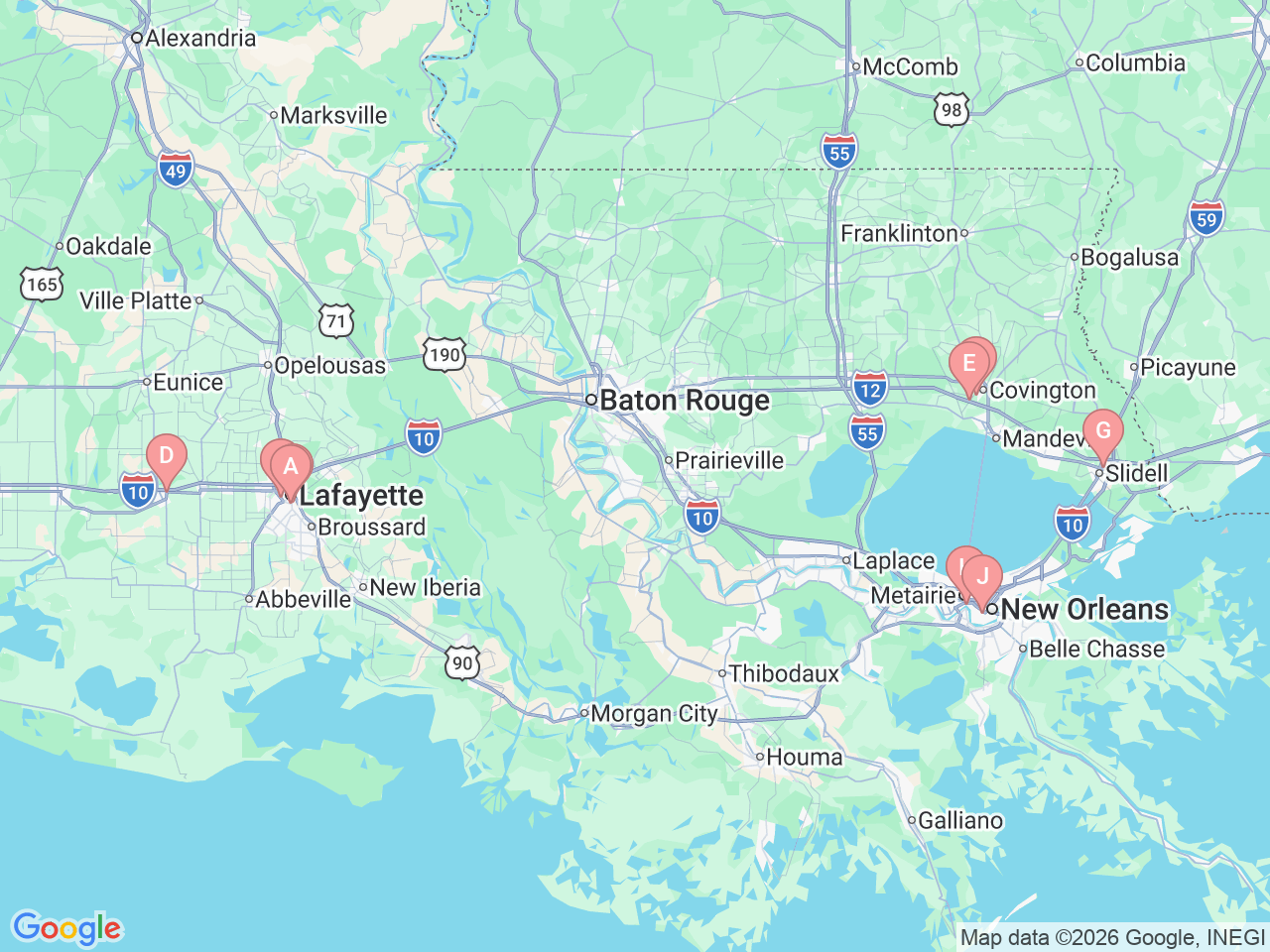 Map of Ochsner-affiliated facilities that provide services related to Gynecologic Cancer