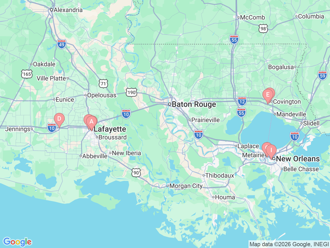 Map of Ochsner-affiliated facilities that provide services related to Gynecologic Cancer