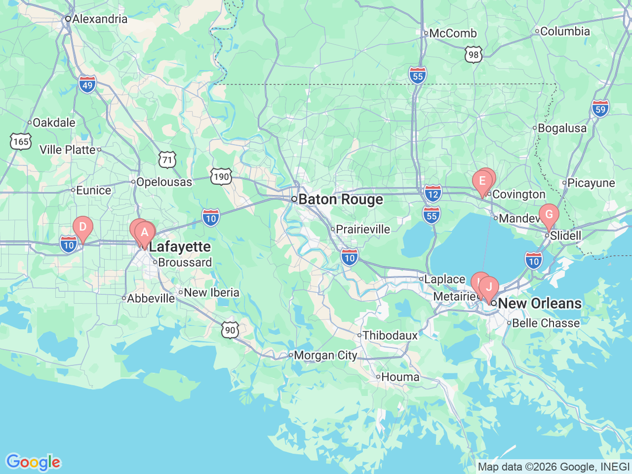 Map of Ochsner-affiliated facilities that provide services related to Gynecologic Cancer