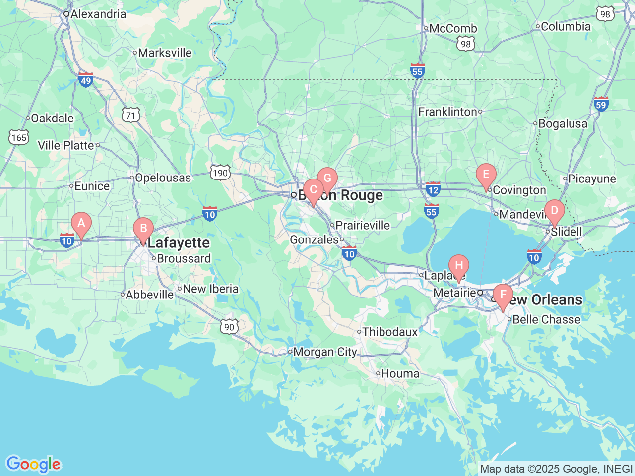 Map of Ochsner-affiliated facilities that provide services related to Gynecologic Robotic Surgery
