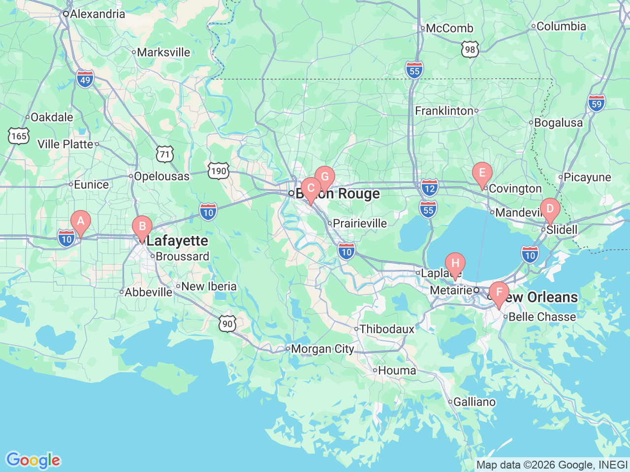 Map of Ochsner-affiliated facilities that provide services related to Gynecologic Robotic Surgery