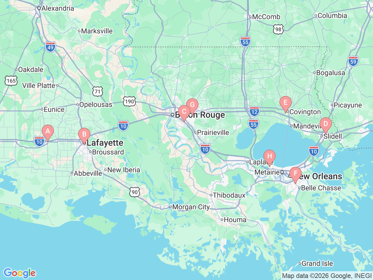 Map of Ochsner-affiliated facilities that provide services related to Gynecologic Robotic Surgery