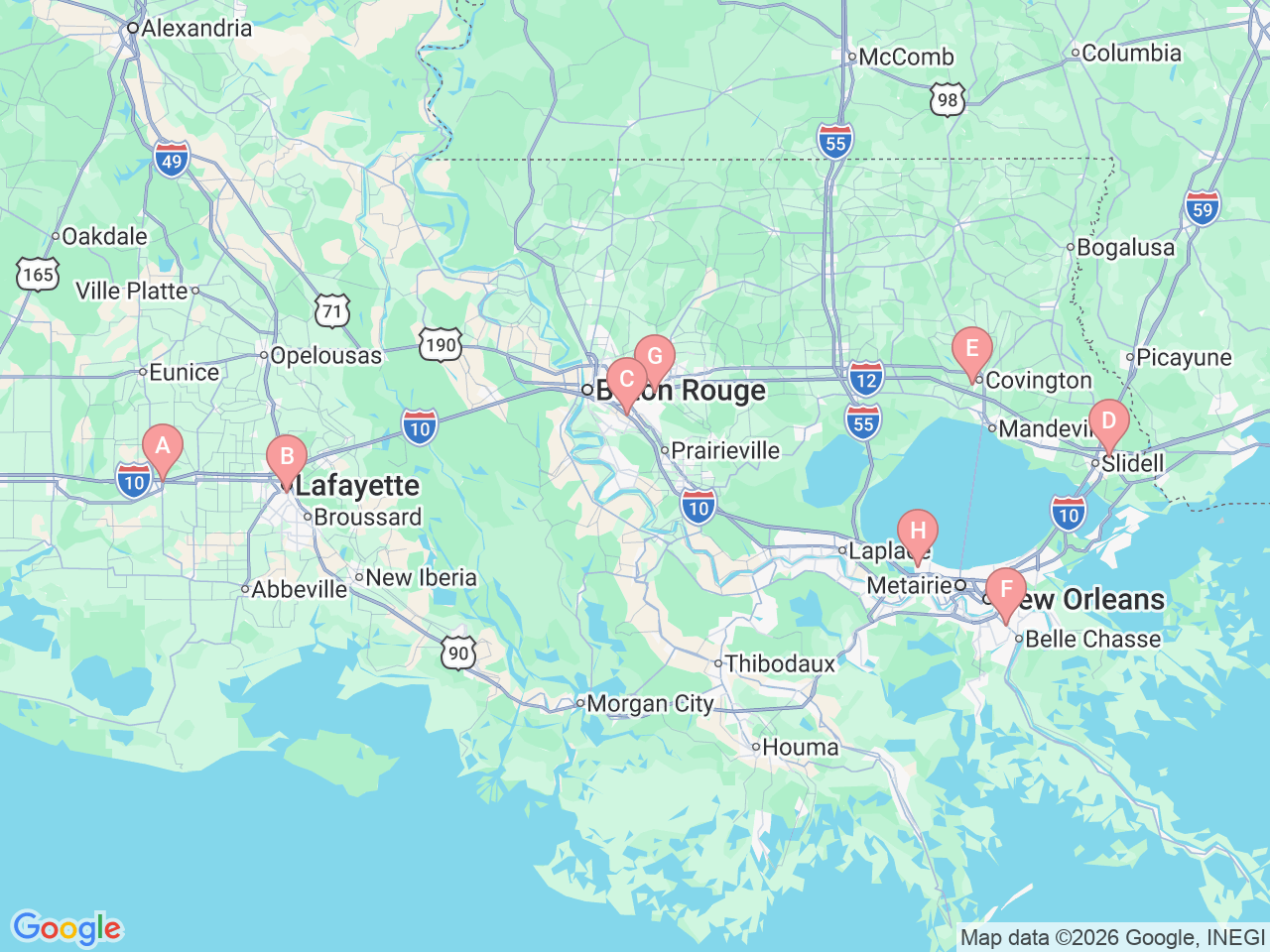 Map of Ochsner-affiliated facilities that provide services related to Gynecologic Robotic Surgery