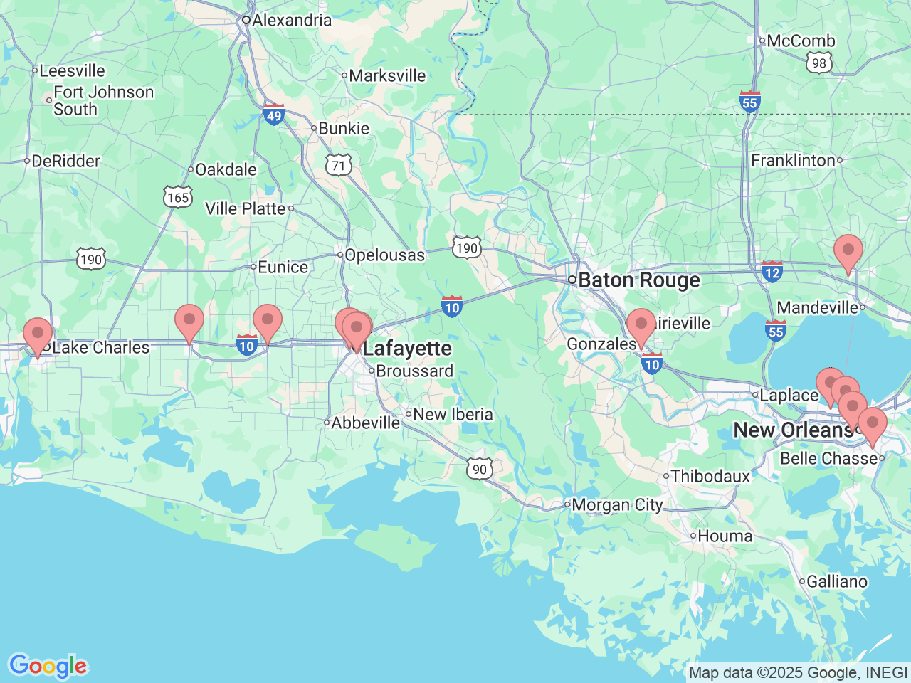 Map of Ochsner-affiliated facilities that provide services related to Gynecology