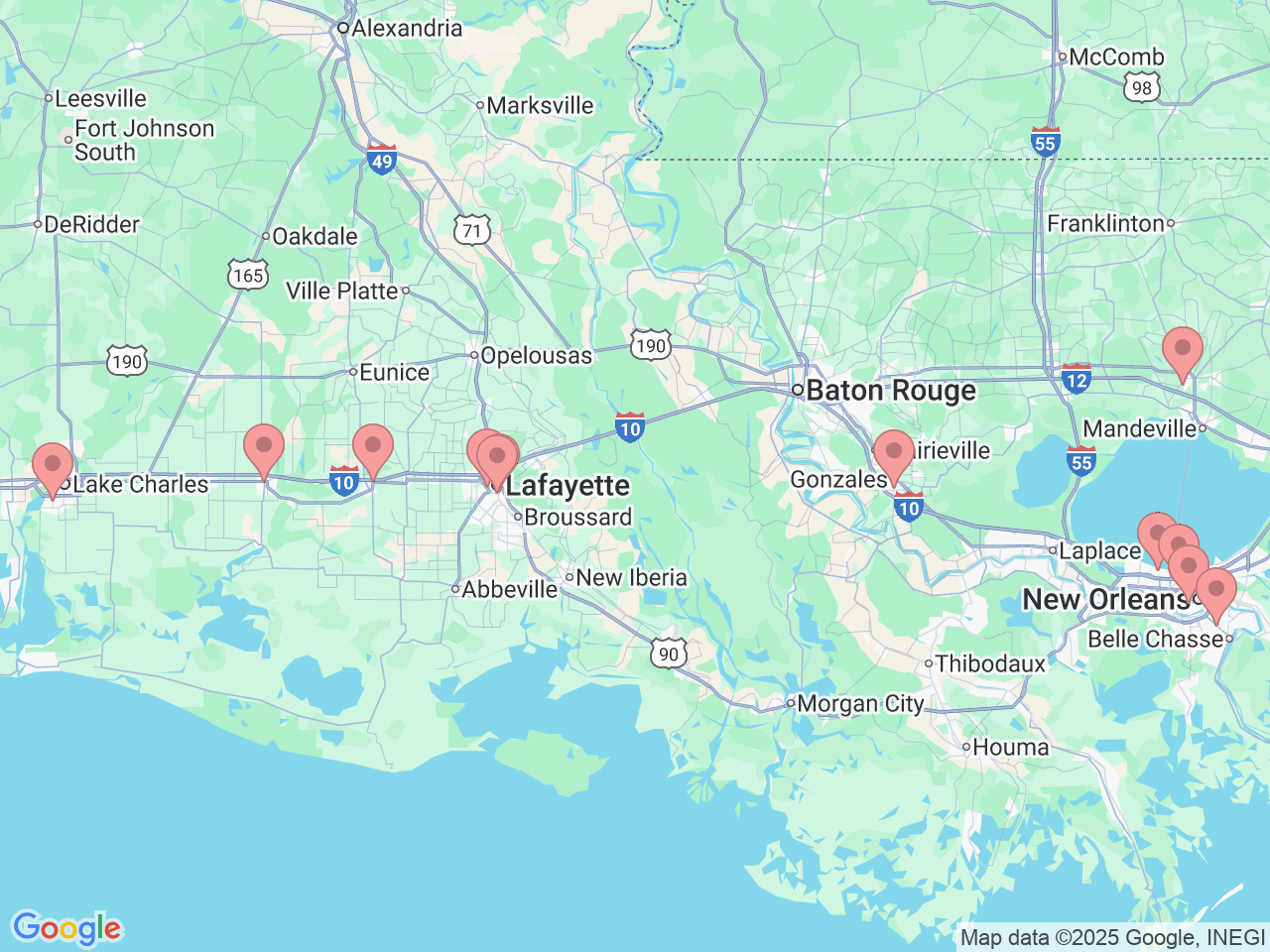 Map of Ochsner-affiliated facilities that provide services related to Gynecology
