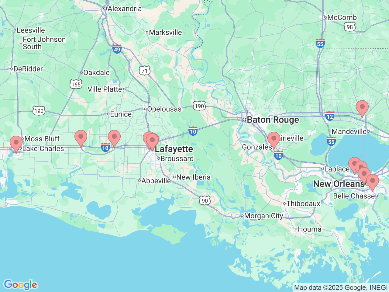 Map of Ochsner-affiliated facilities that provide services related to Gynecology