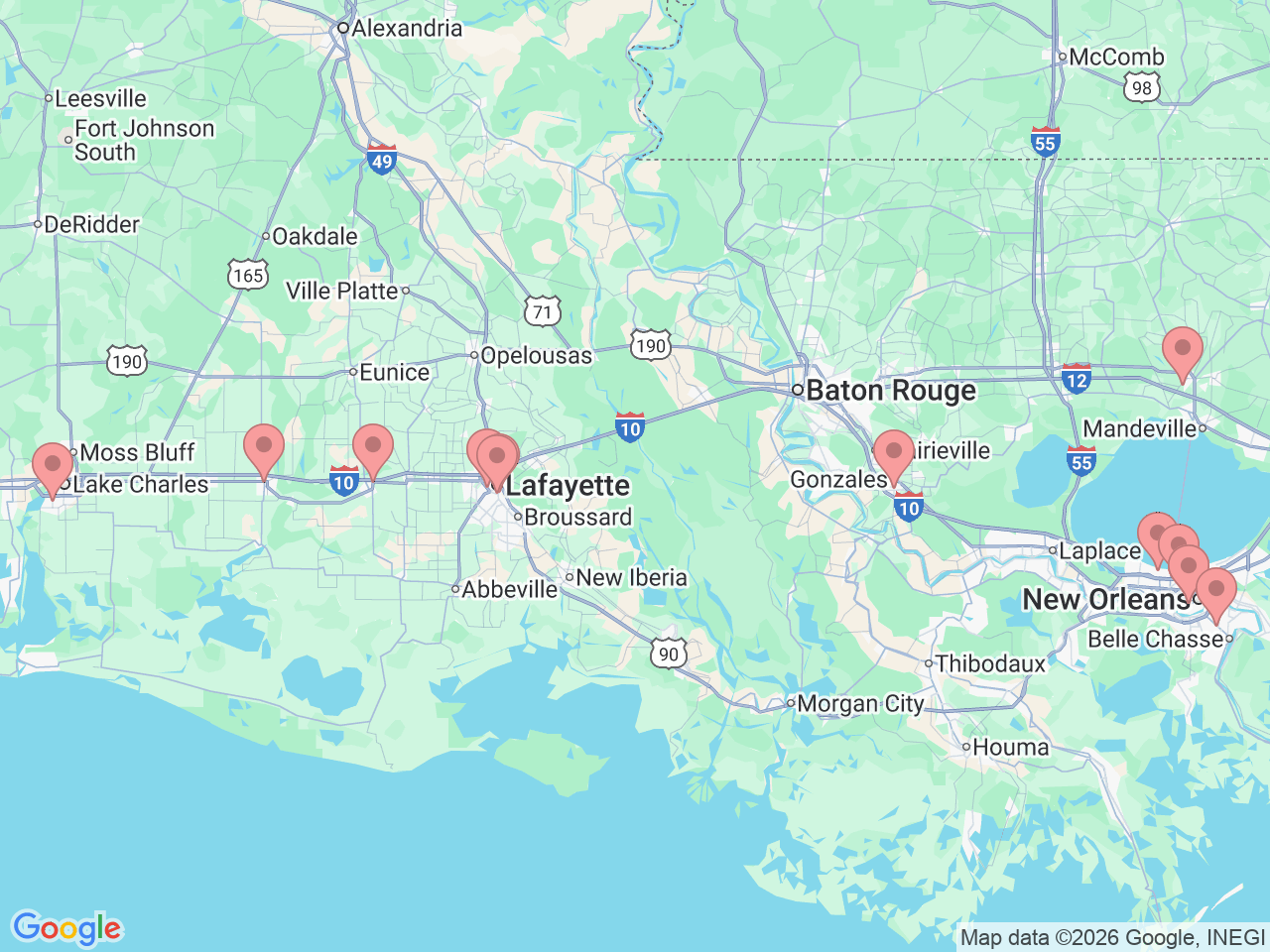 Map of Ochsner-affiliated facilities that provide services related to Gynecology