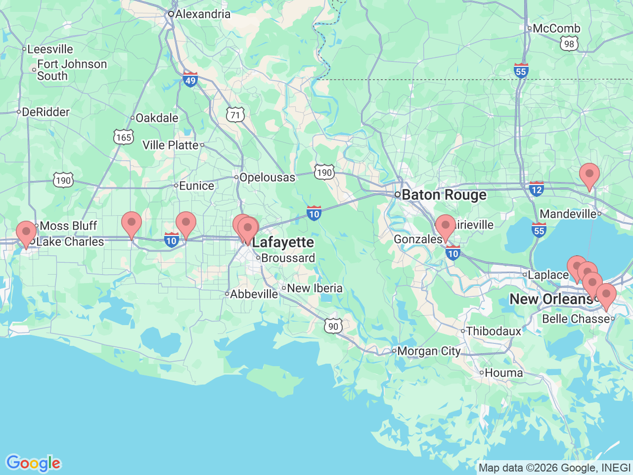 Map of Ochsner-affiliated facilities that provide services related to Gynecology