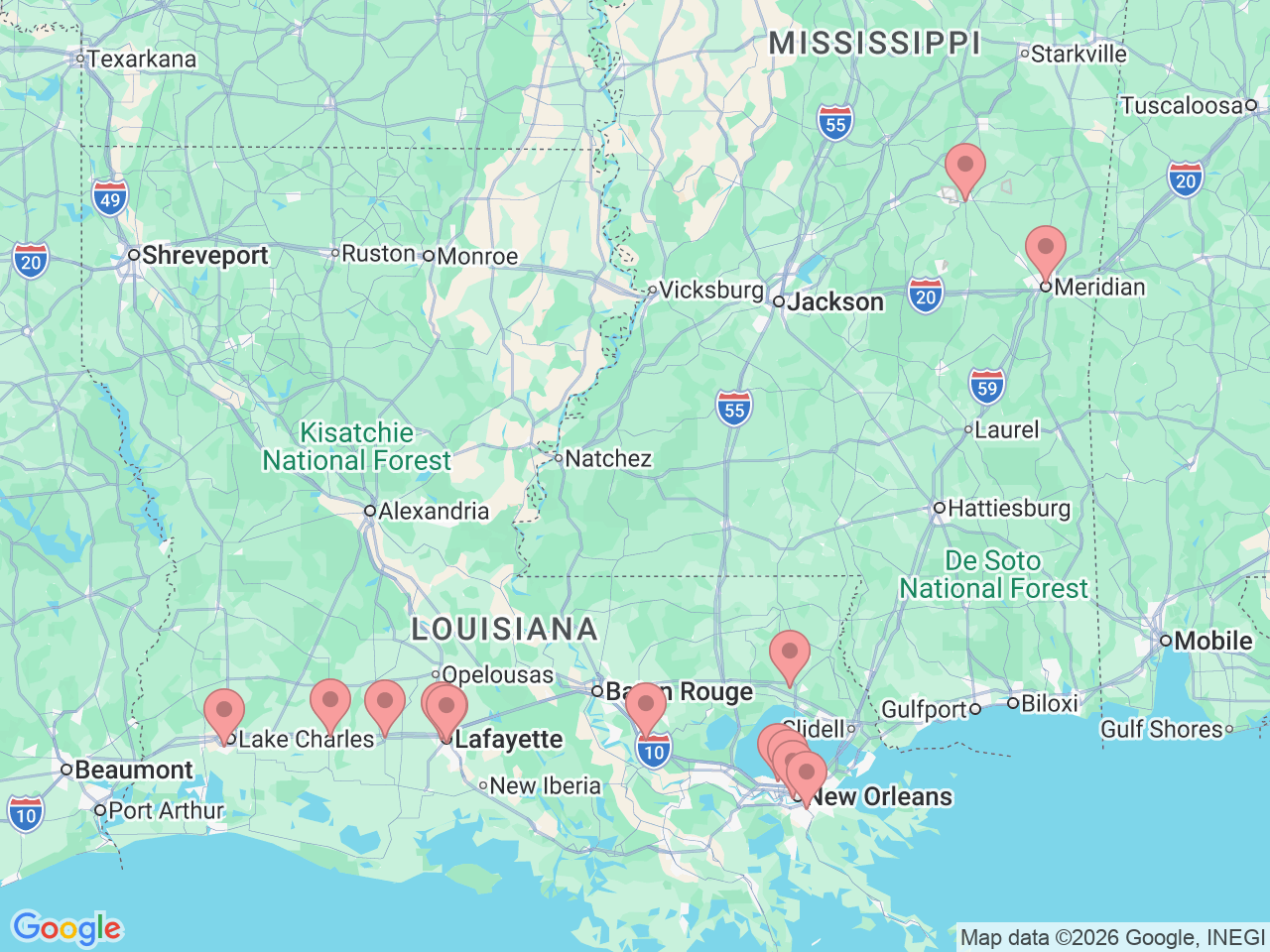 Map of Ochsner-affiliated facilities that provide services related to Gynecology