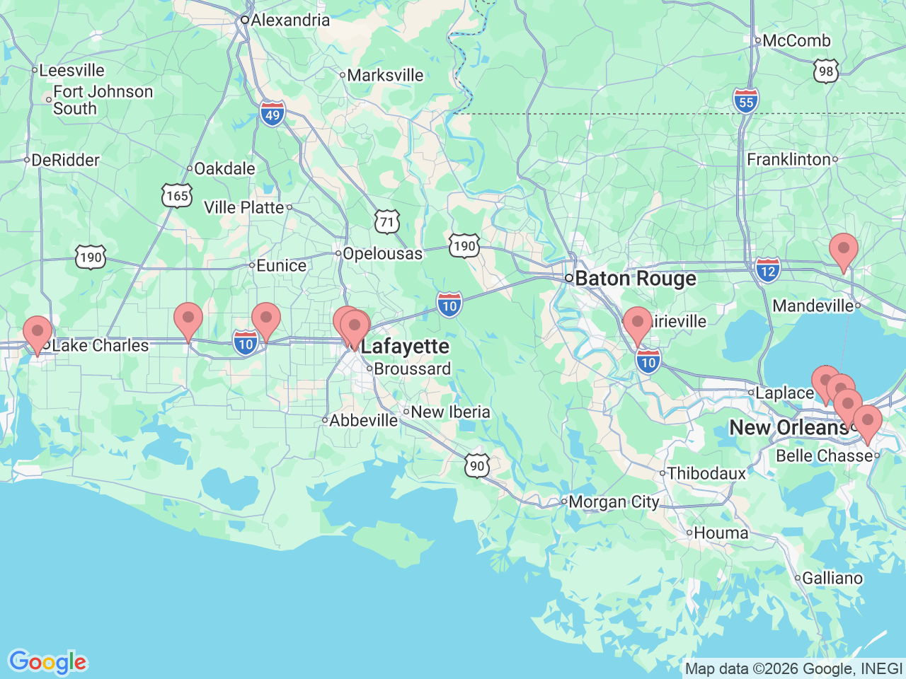 Map of Ochsner-affiliated facilities that provide services related to Gynecology
