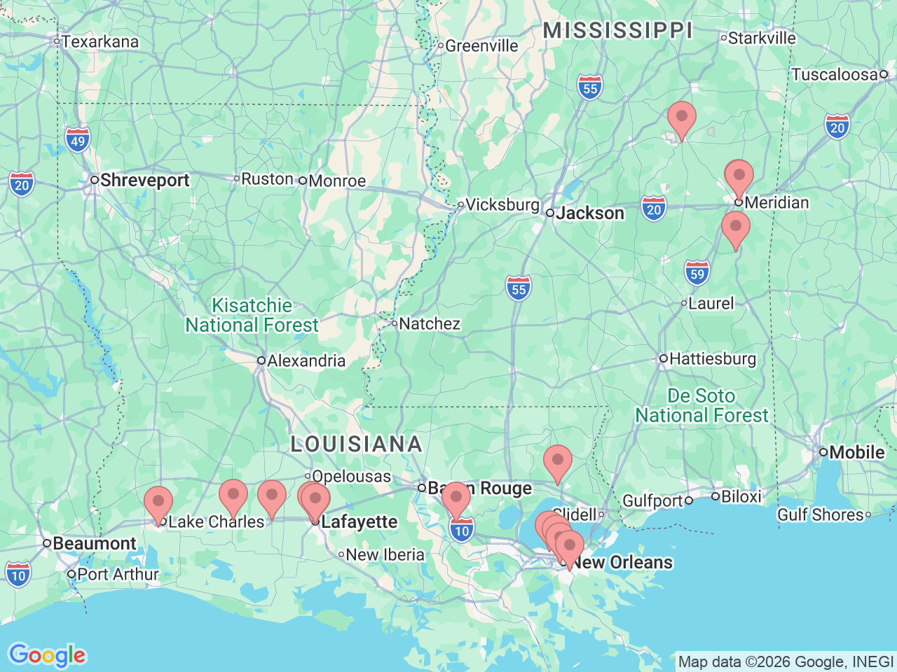 Map of Ochsner-affiliated facilities that provide services related to Gynecology