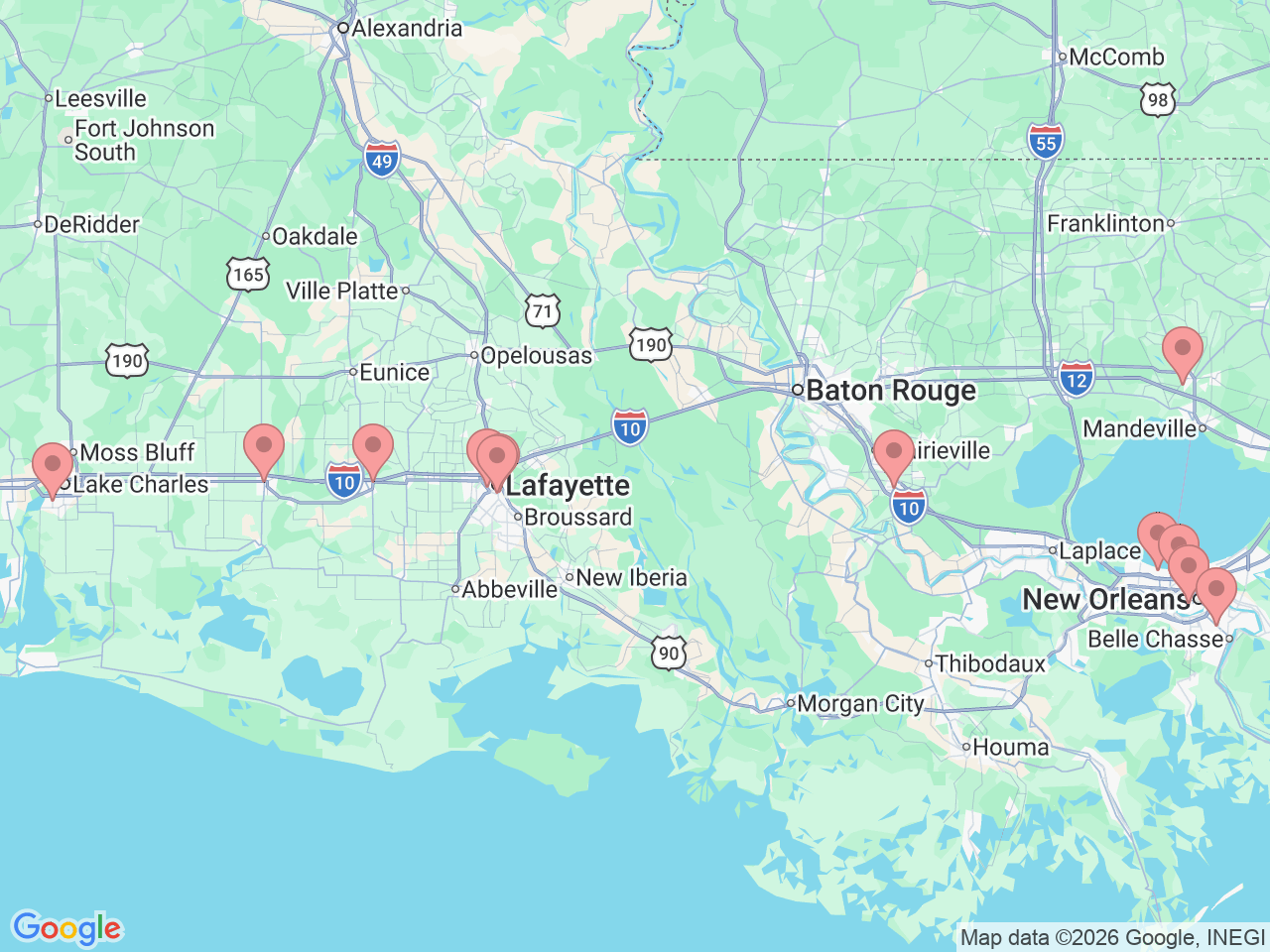 Map of Ochsner-affiliated facilities that provide services related to Gynecology