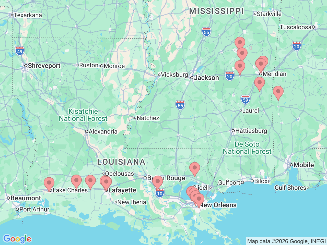 Map of Ochsner-affiliated facilities that provide services related to Gynecology