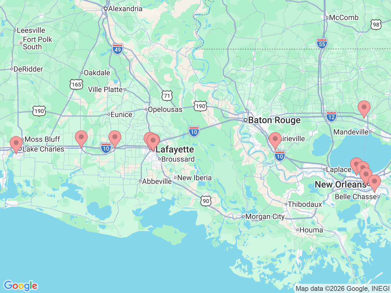 Map of Ochsner-affiliated facilities that provide services related to Gynecology