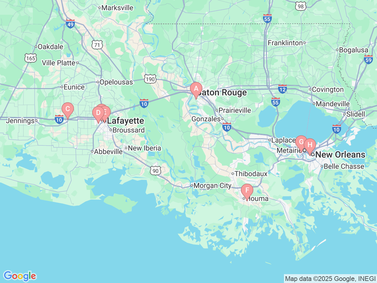 Map of Ochsner-affiliated facilities that provide services related to Hand and Upper Extremity Care