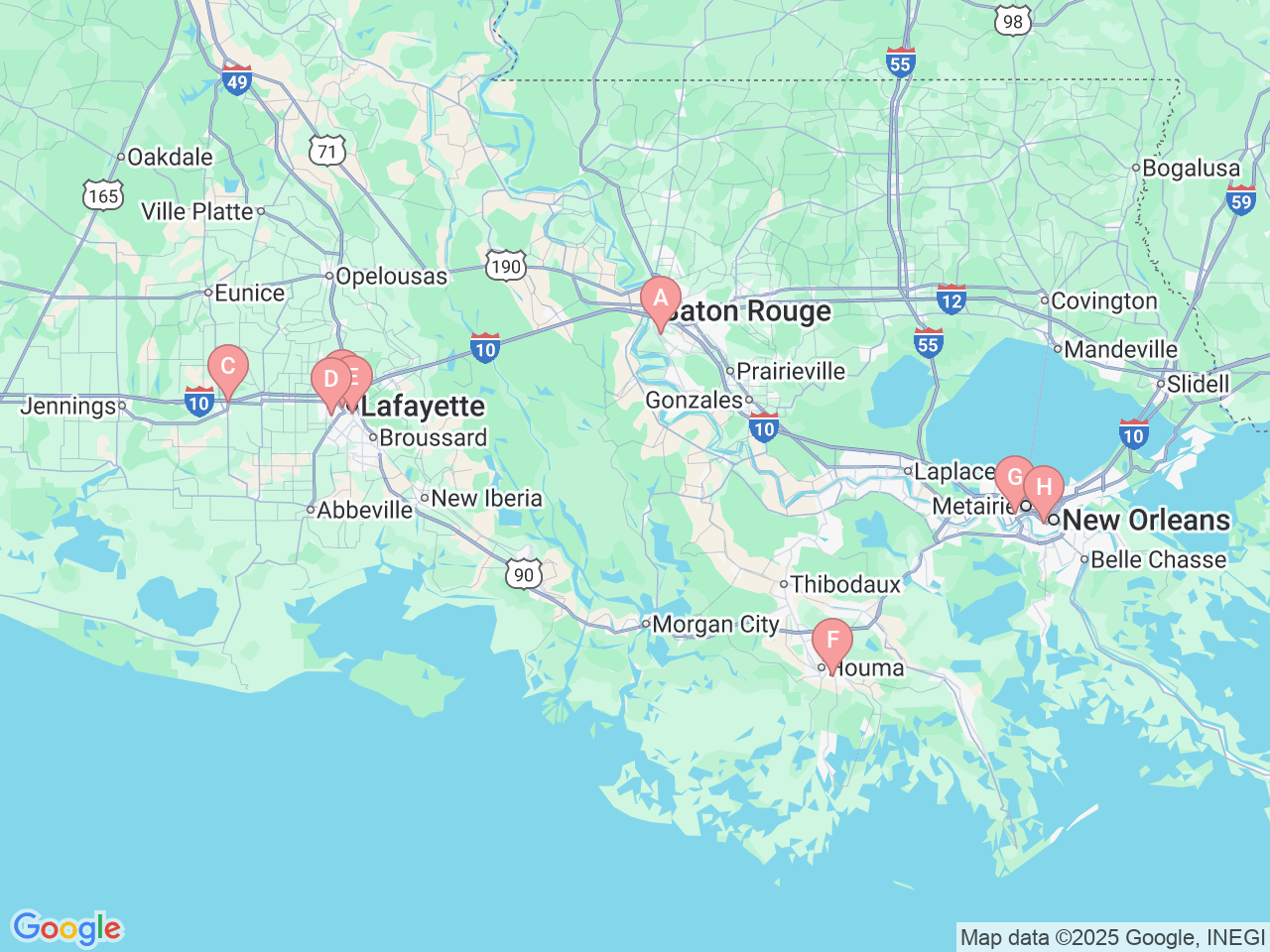 Map of Ochsner-affiliated facilities that provide services related to Hand and Upper Extremity Care