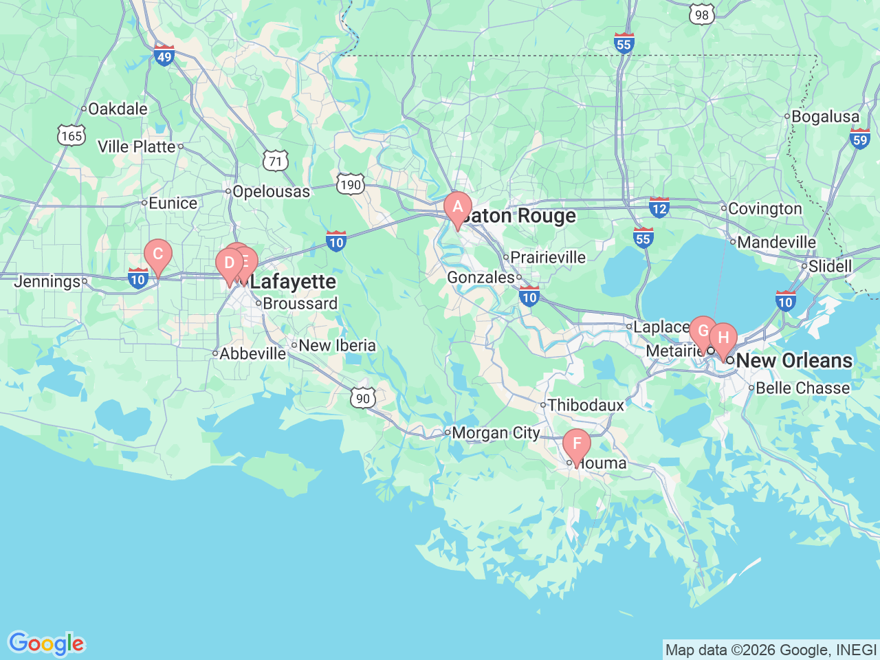 Map of Ochsner-affiliated facilities that provide services related to Hand and Upper Extremity Care