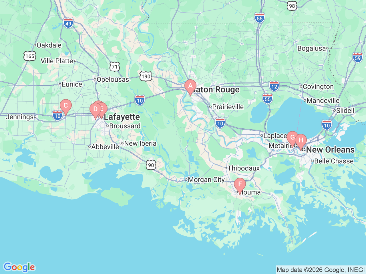 Map of Ochsner-affiliated facilities that provide services related to Hand and Upper Extremity Care
