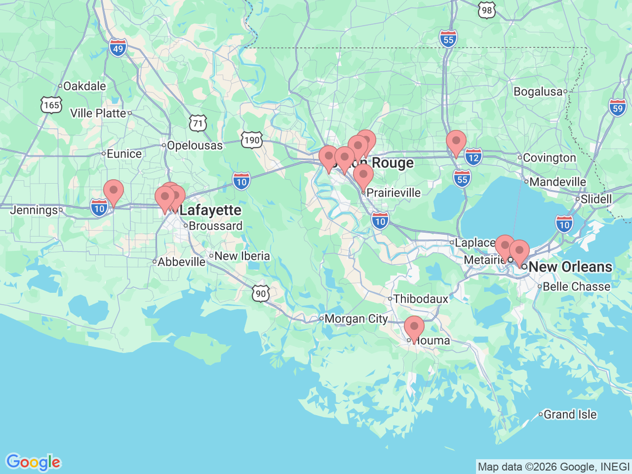 Map of Ochsner-affiliated facilities that provide services related to Hand and Upper Extremity Care