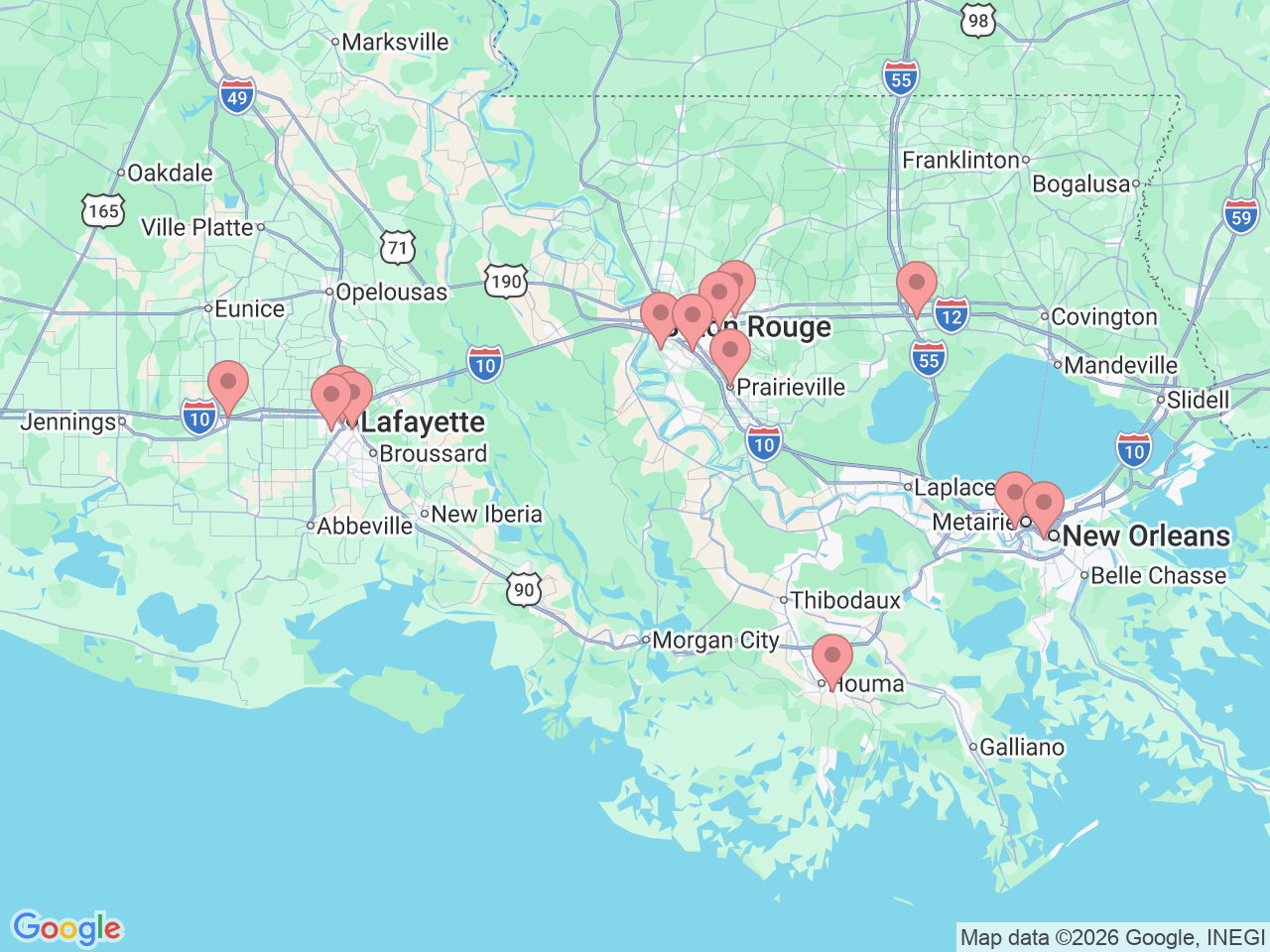 Map of Ochsner-affiliated facilities that provide services related to Hand and Upper Extremity Care