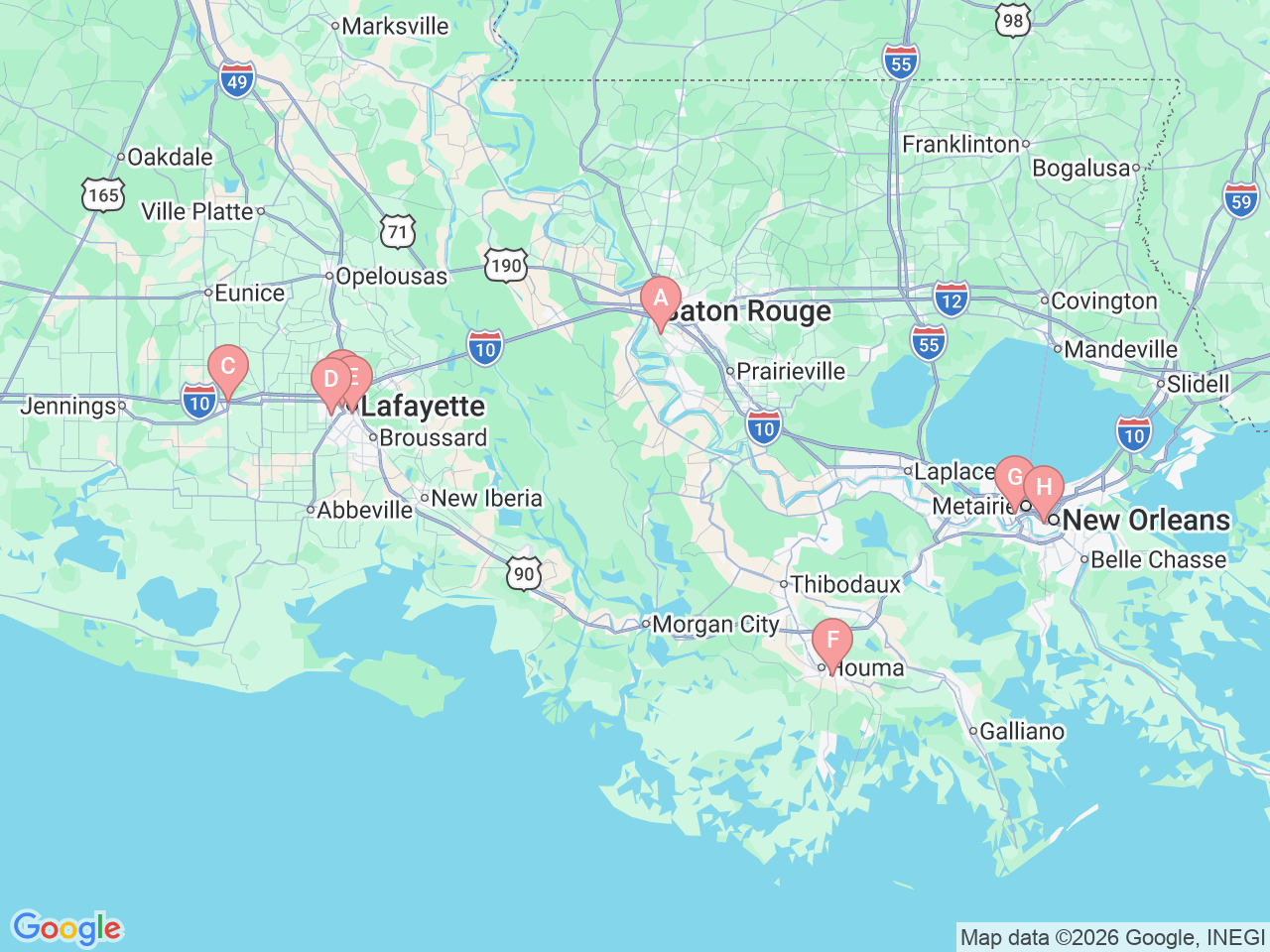 Map of Ochsner-affiliated facilities that provide services related to Hand and Upper Extremity Care