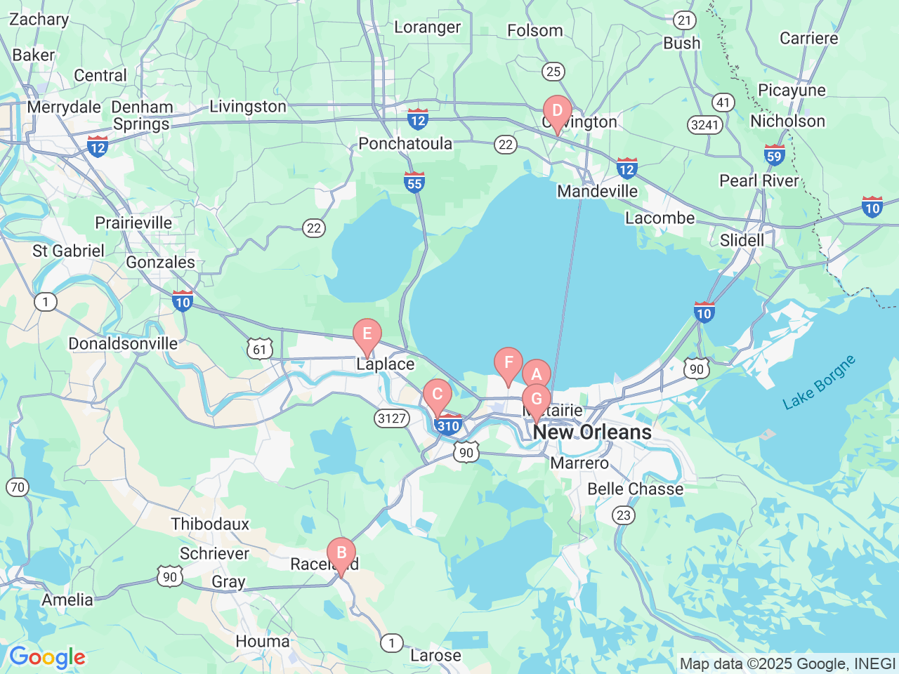 Map of Ochsner-affiliated facilities that provide services related to Hand Therapy
