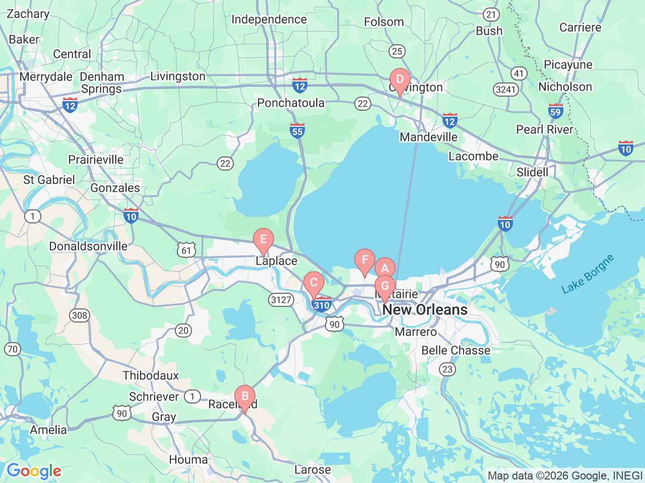 Map of Ochsner-affiliated facilities that provide services related to Hand Therapy