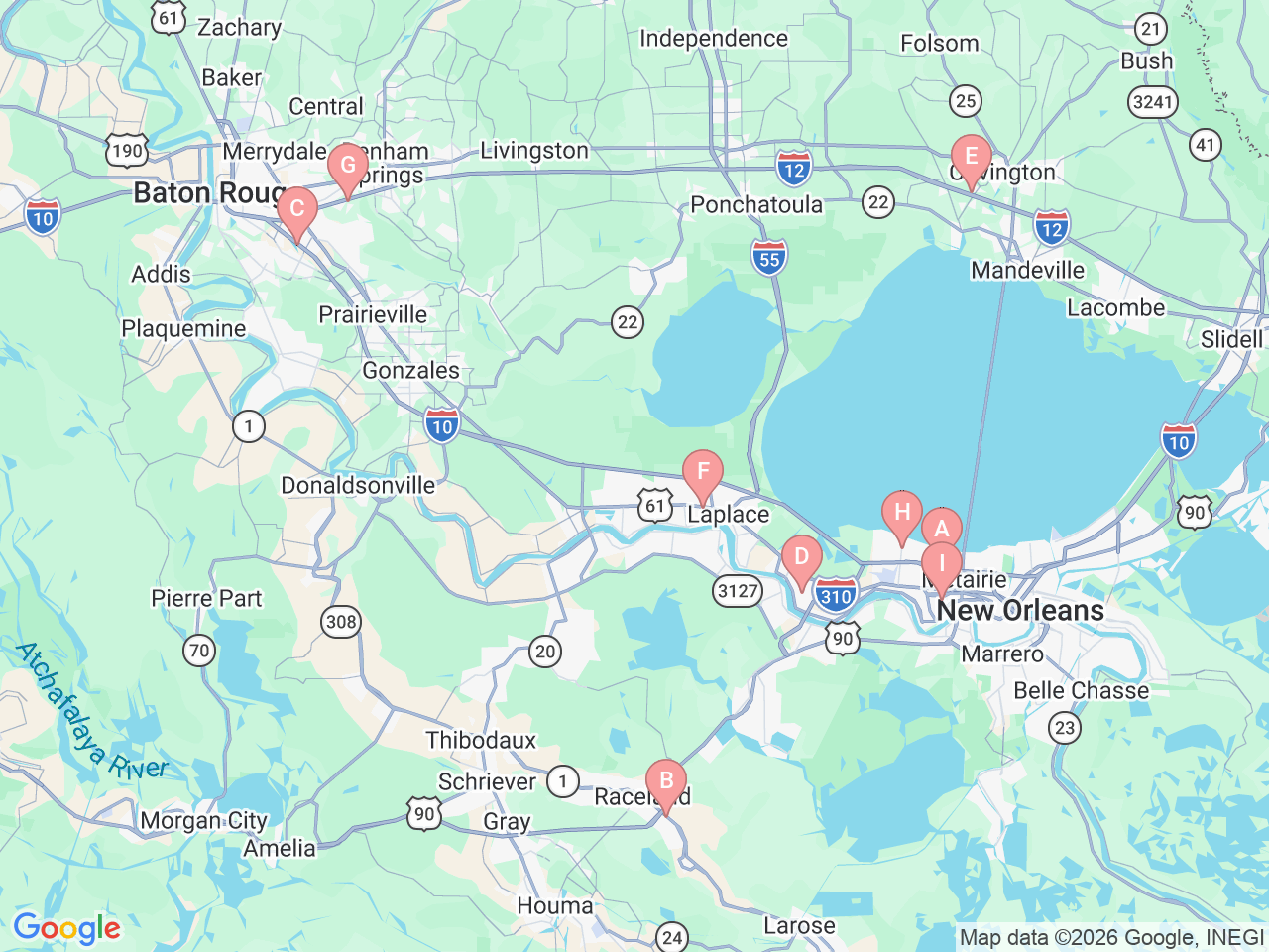 Map of Ochsner-affiliated facilities that provide services related to Hand Therapy