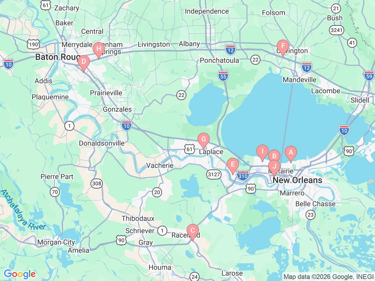 Map of Ochsner-affiliated facilities that provide services related to Hand Therapy