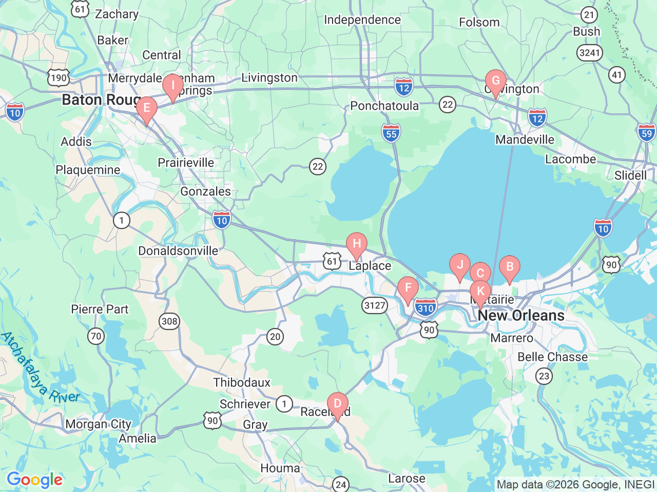 Map of Ochsner-affiliated facilities that provide services related to Hand Therapy
