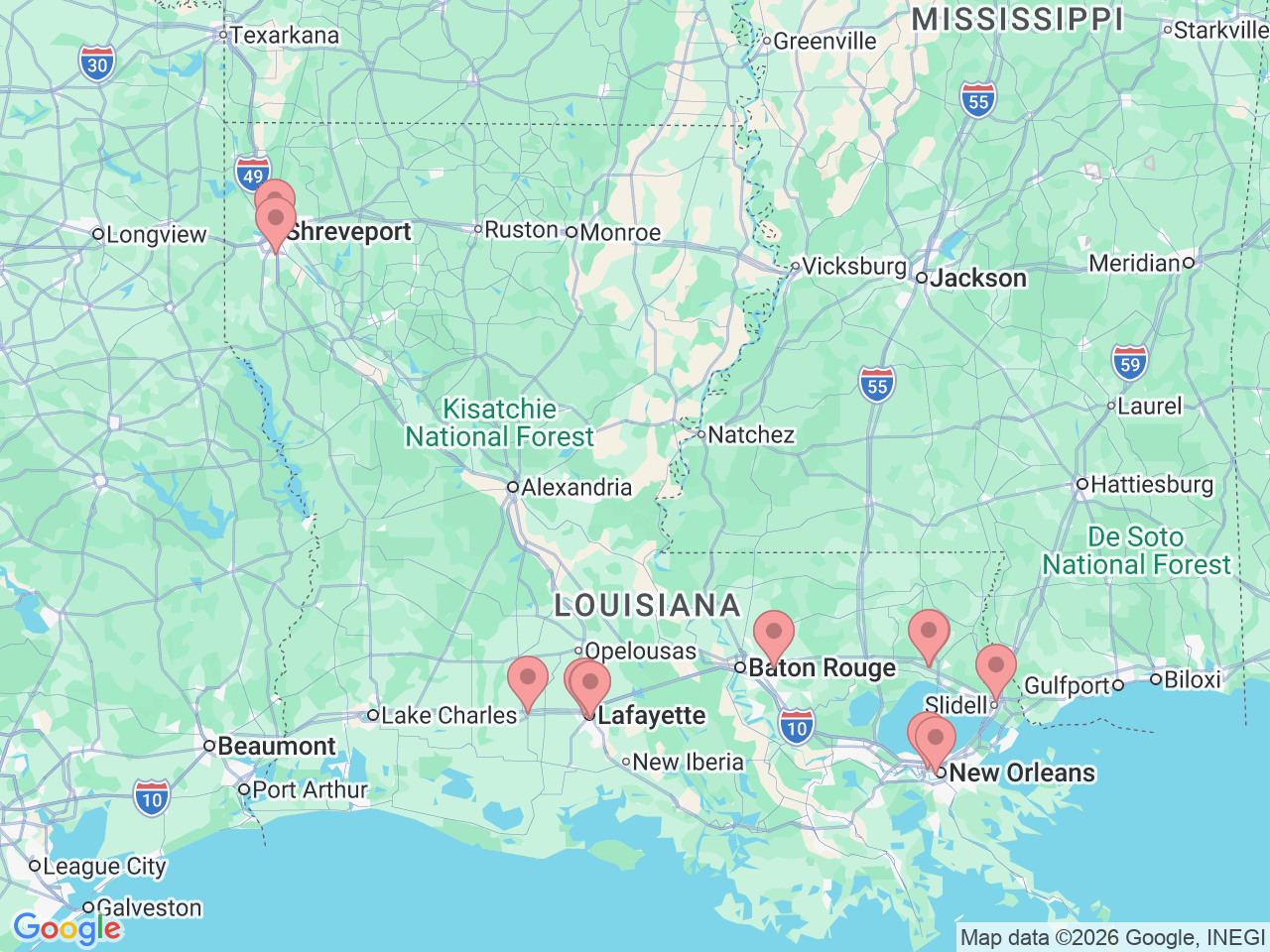 Map of Ochsner-affiliated facilities that provide services related to Head & Neck Cancer