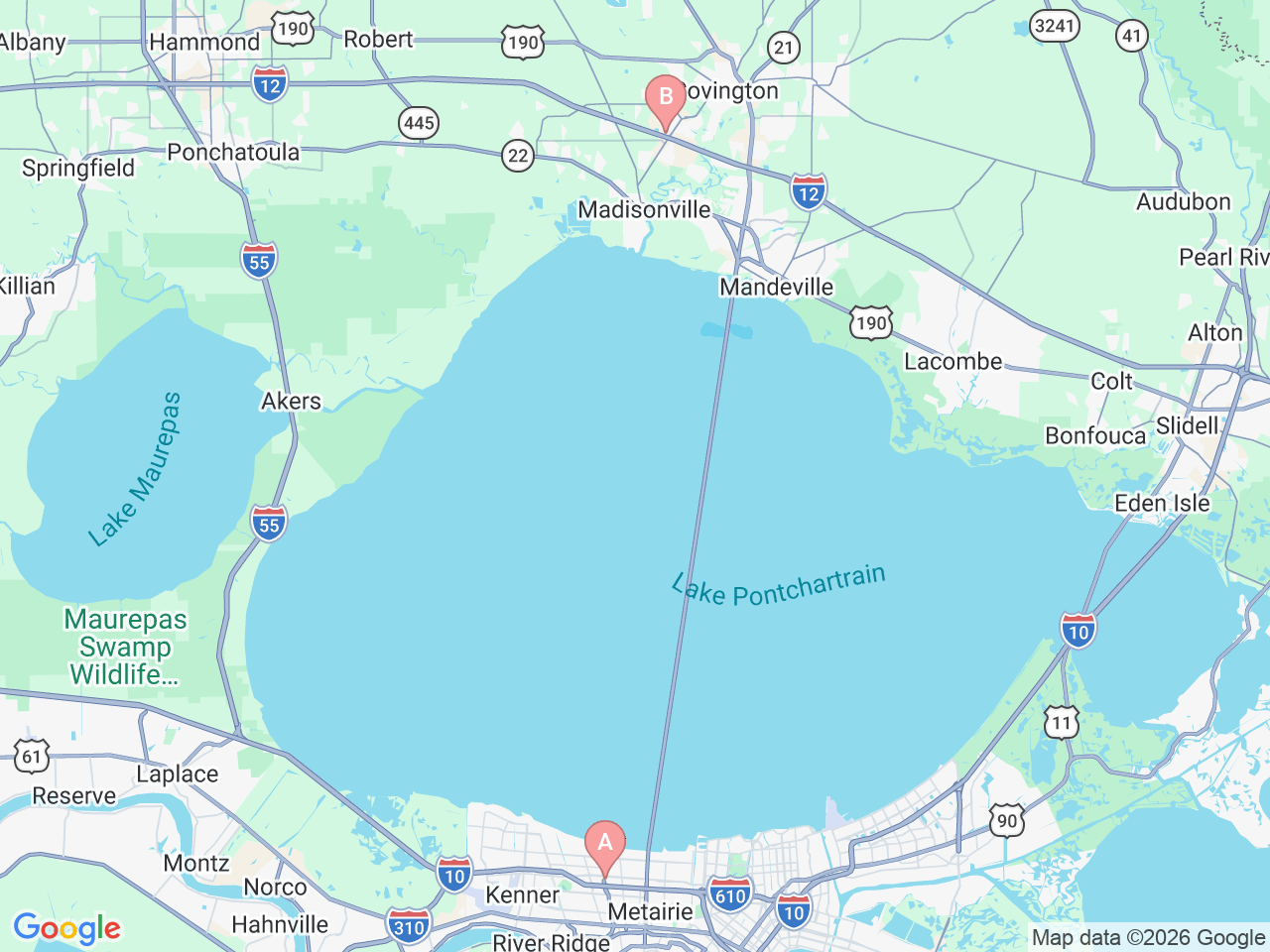 Map of Ochsner-affiliated facilities that provide services related to Headache Care: Northshore