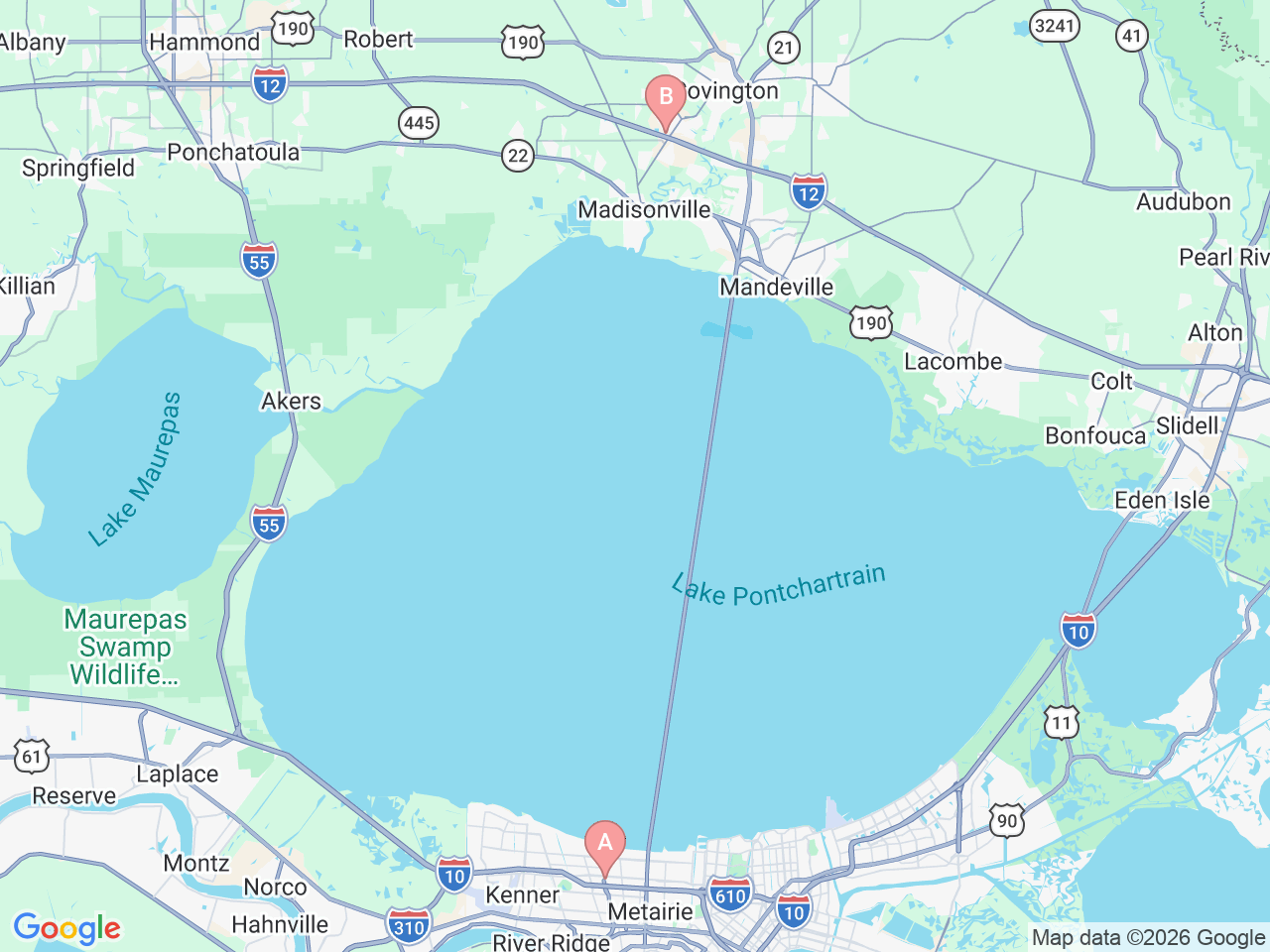 Map of Ochsner-affiliated facilities that provide services related to Headache Care: Northshore