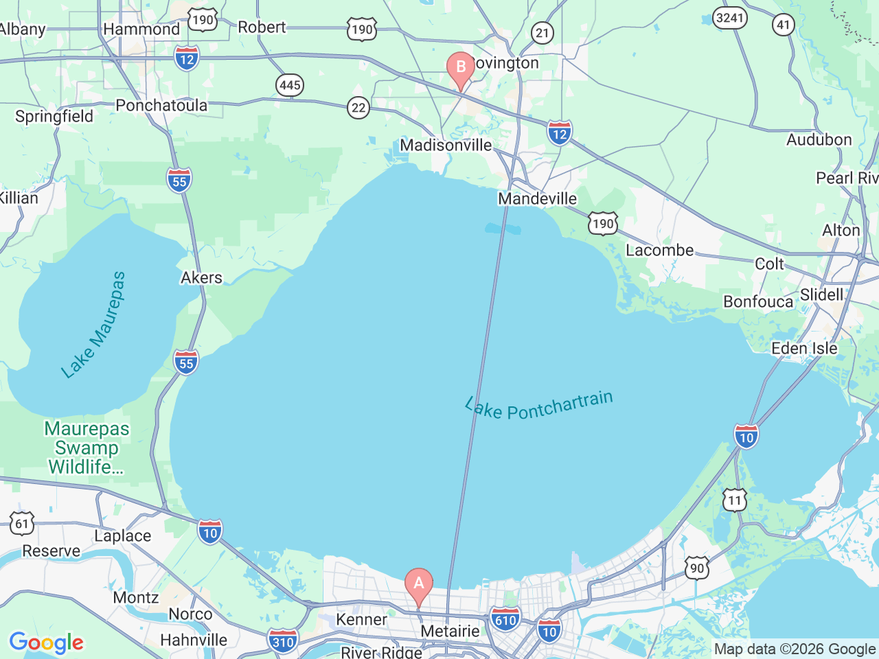 Map of Ochsner-affiliated facilities that provide services related to Headache Care: Northshore