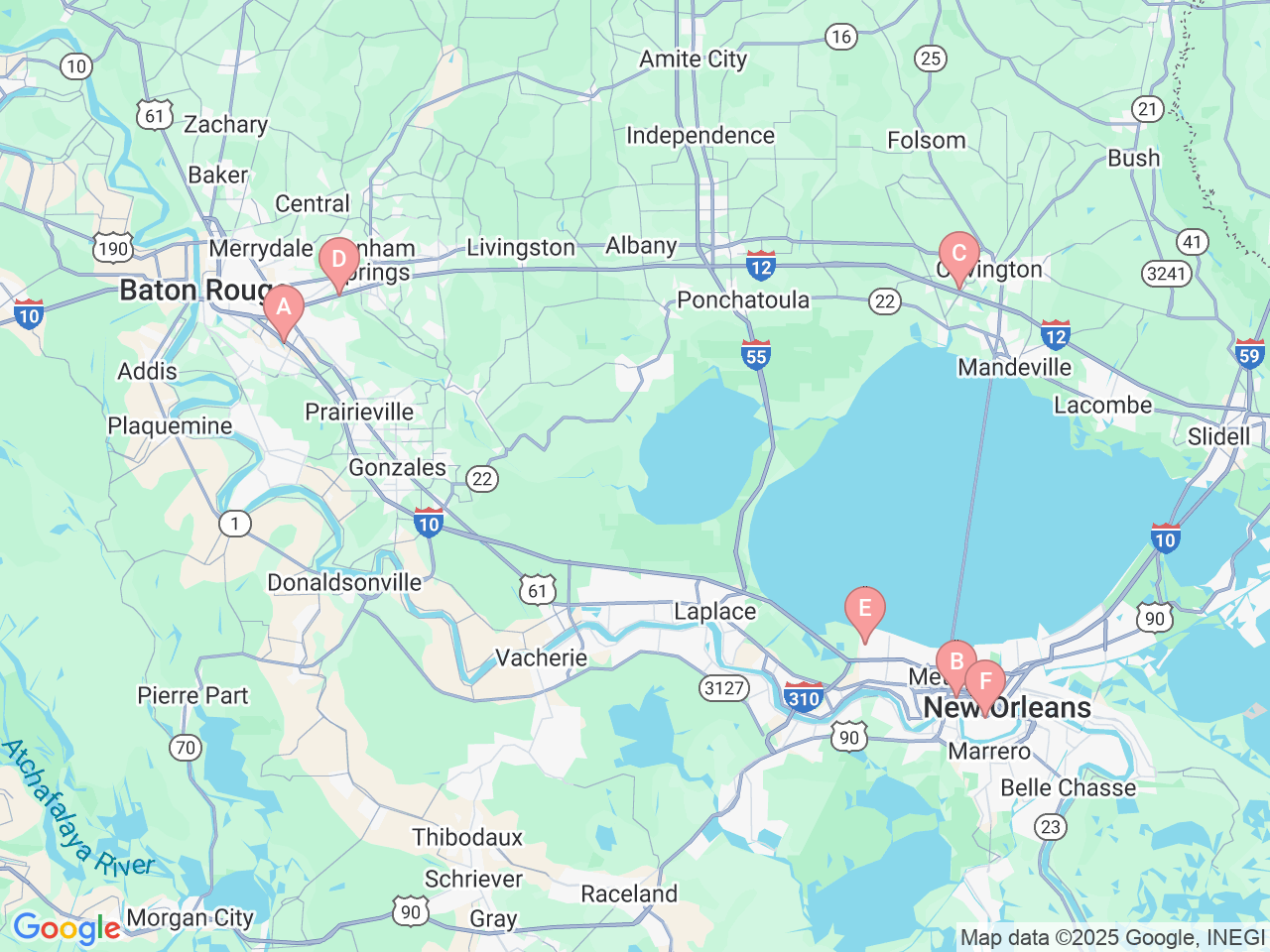 Map of Ochsner-affiliated facilities that provide services related to Headache Centers