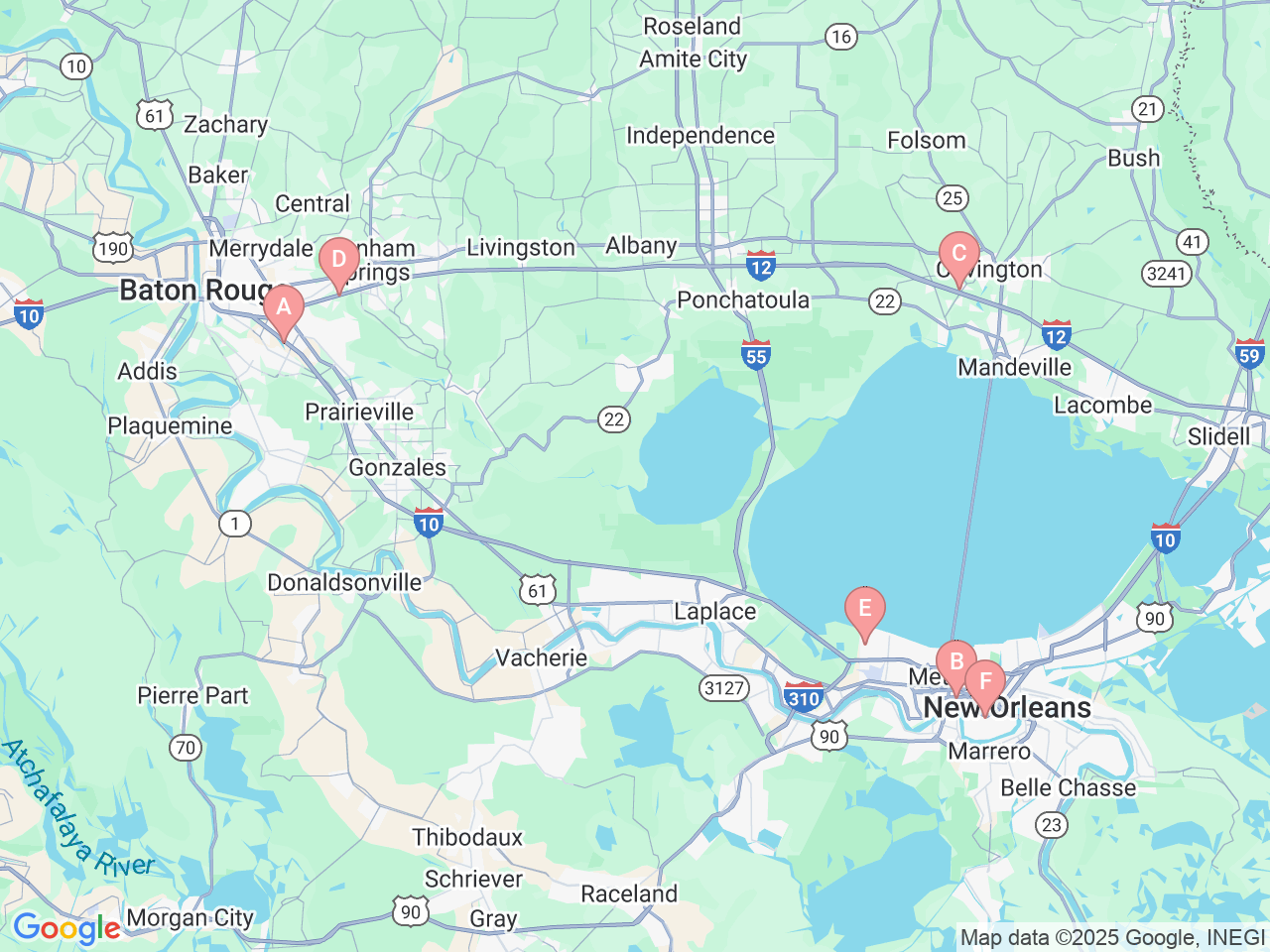 Map of Ochsner-affiliated facilities that provide services related to Headache Centers