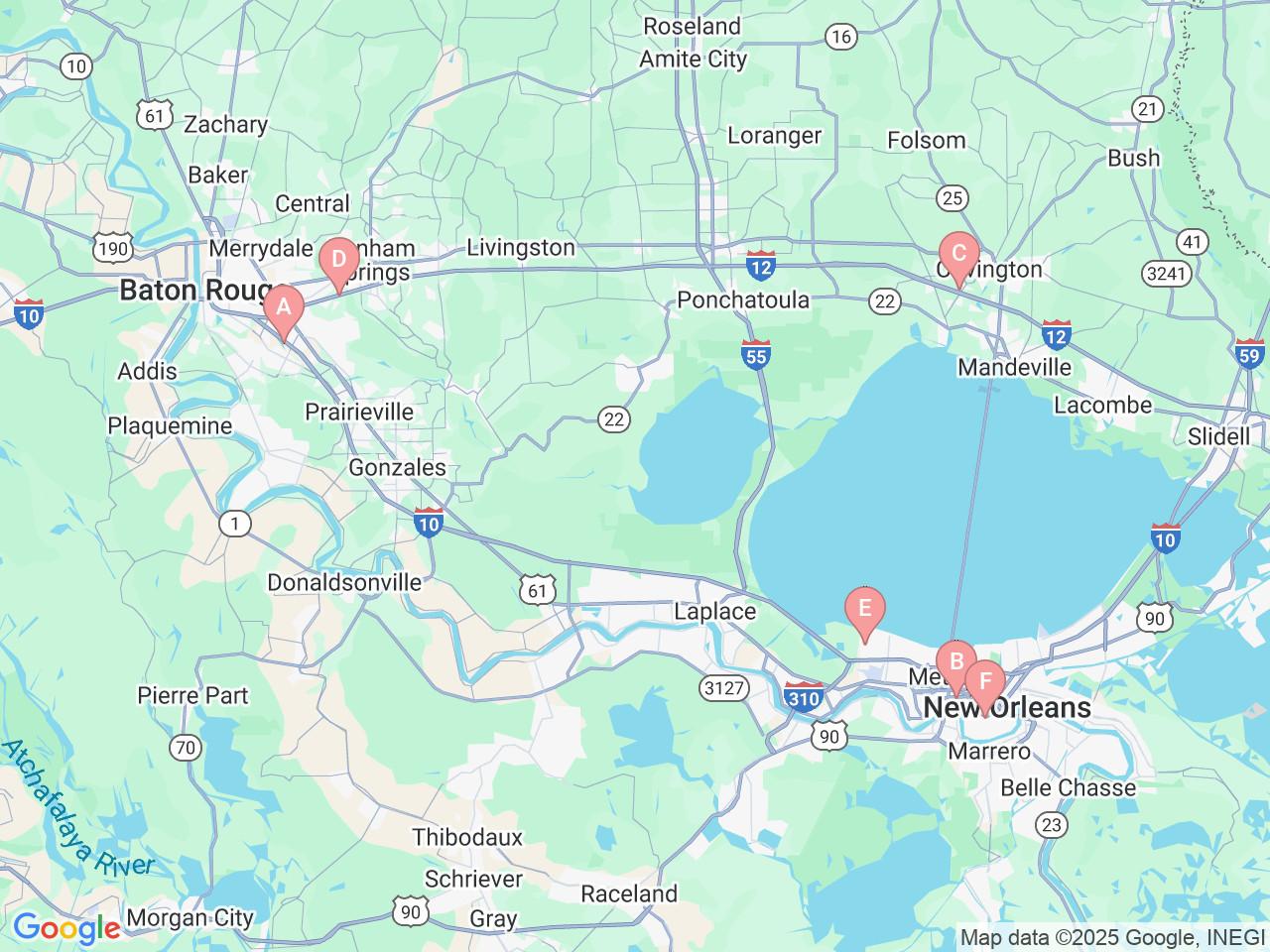 Map of Ochsner-affiliated facilities that provide services related to Headache Centers