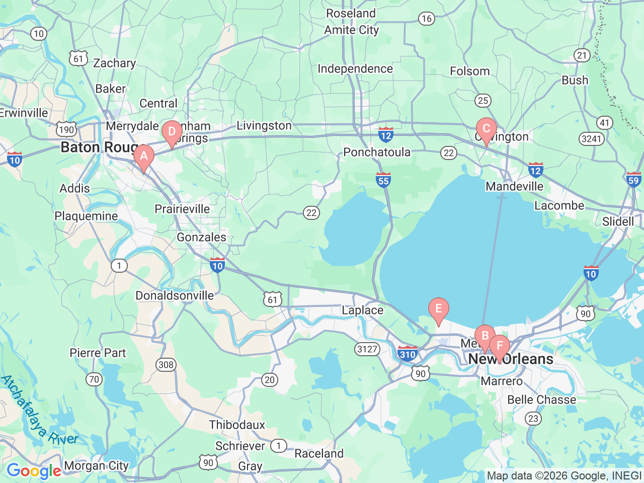 Map of Ochsner-affiliated facilities that provide services related to Headache Centers