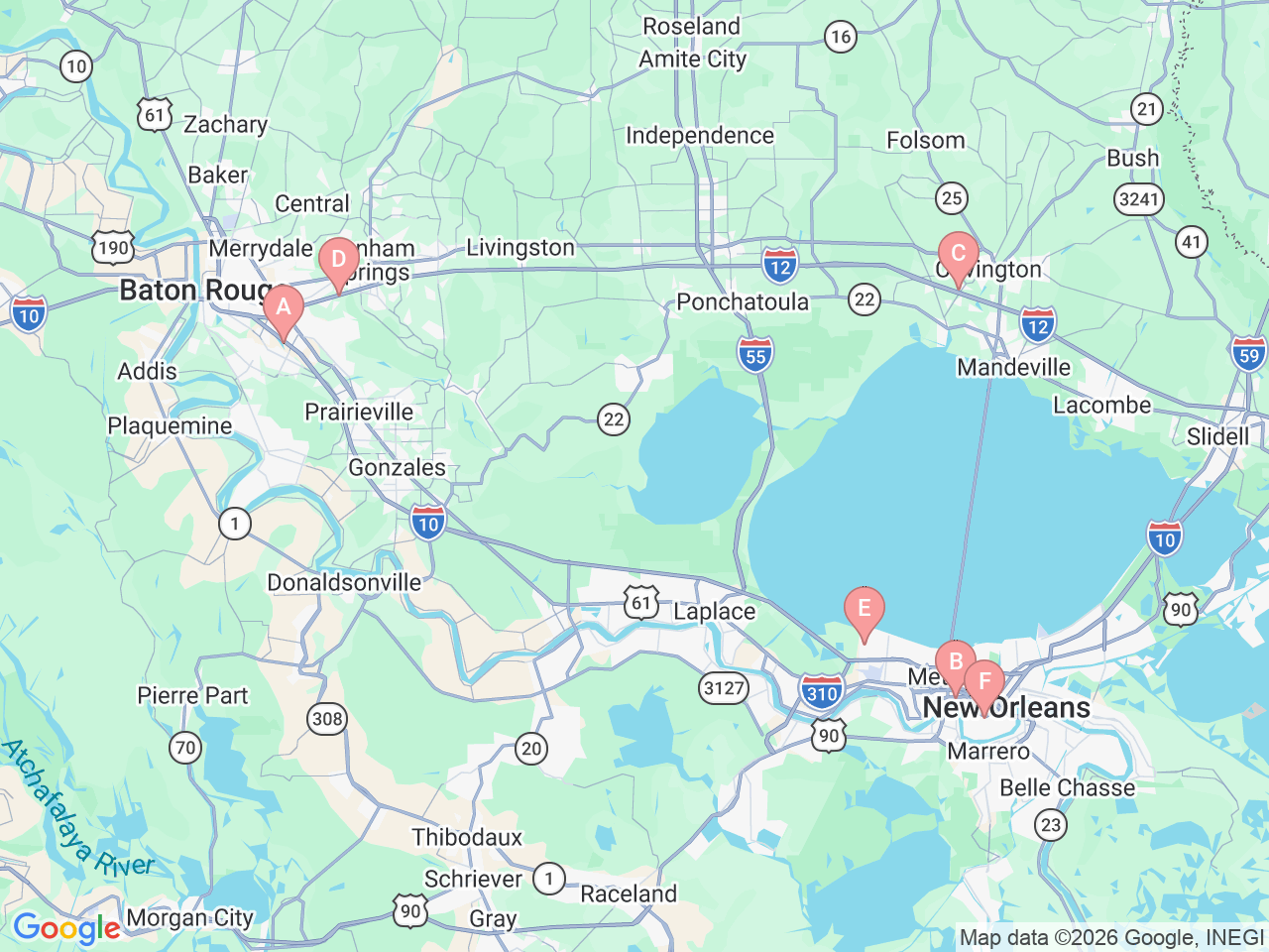 Map of Ochsner-affiliated facilities that provide services related to Headache Centers
